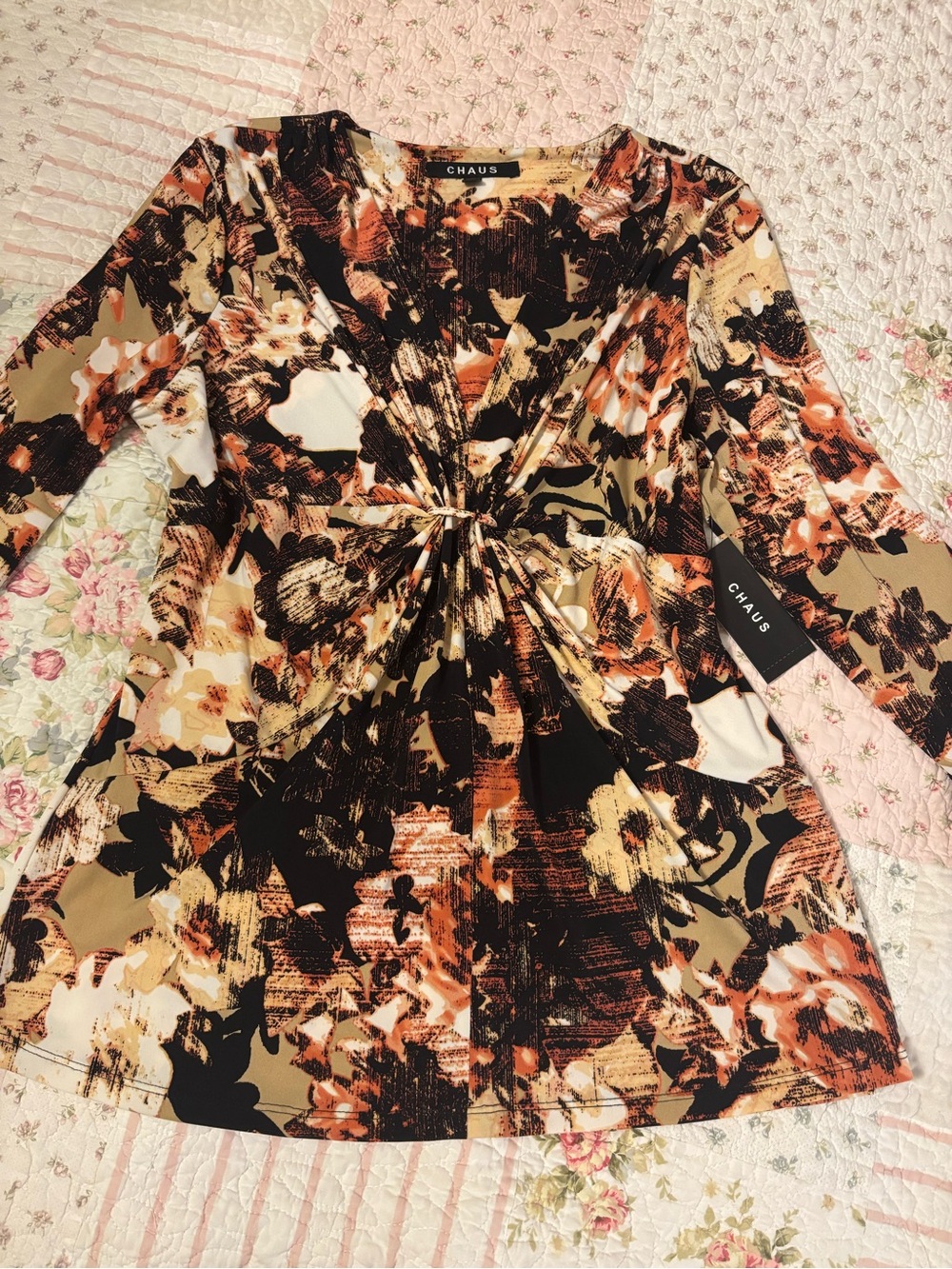 Chaus Twist-Front Floral Blouse in Black, Tan & Rust
